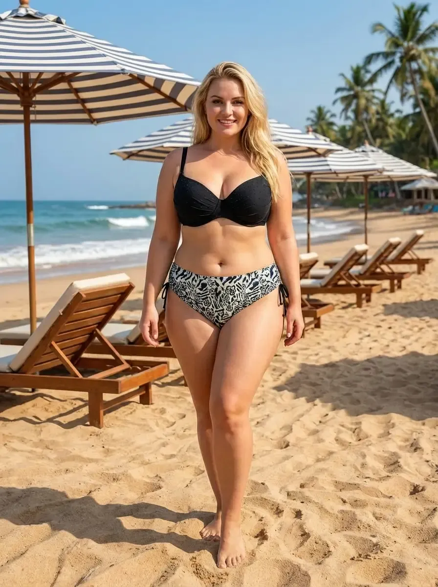 Kadın Siyah Taş İşlemeli Bej Desenli Astarlı Büyük Beden Bikini Takımı HZL25S-LC3351