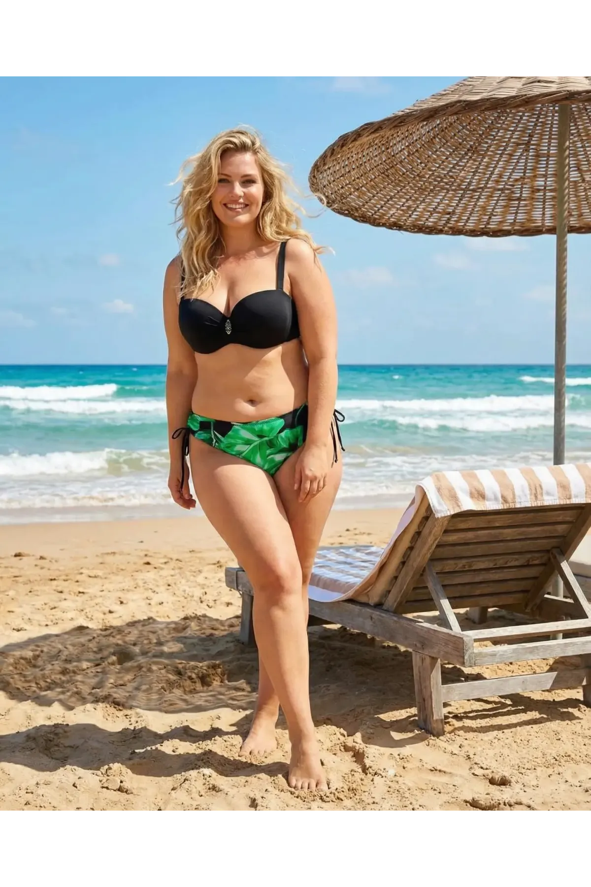 Kadın Siyah Toka Detaylı Yeşil Desen Bikini Takım HZL25S-LC3352