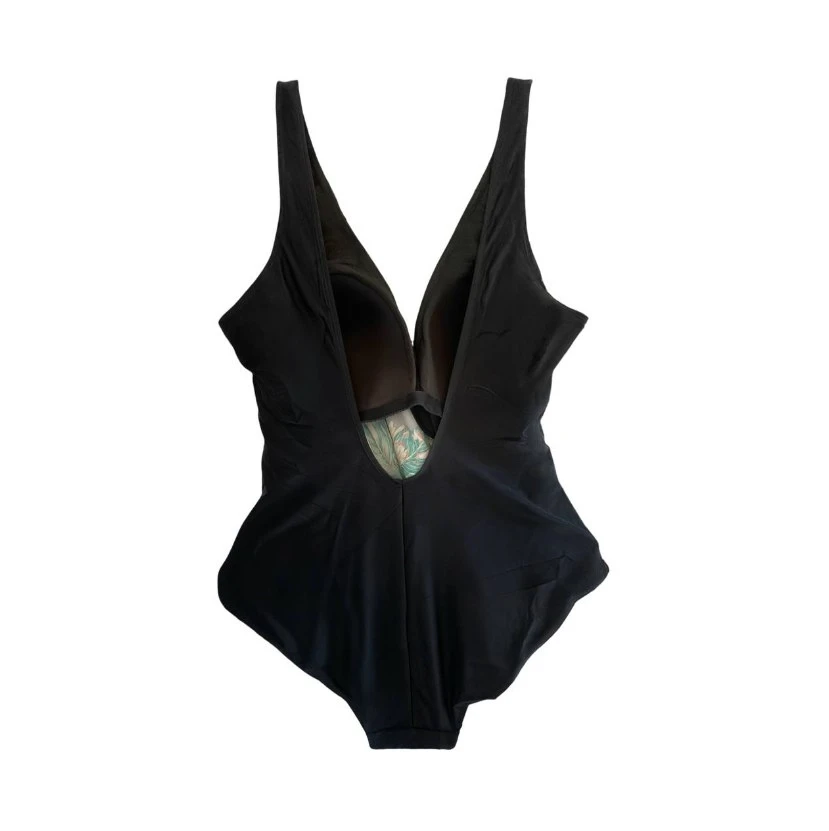 Kadın Siyah Tüy Desen V Yaka Yandan İp Büzgülü Mayo HZL25S-LC4007