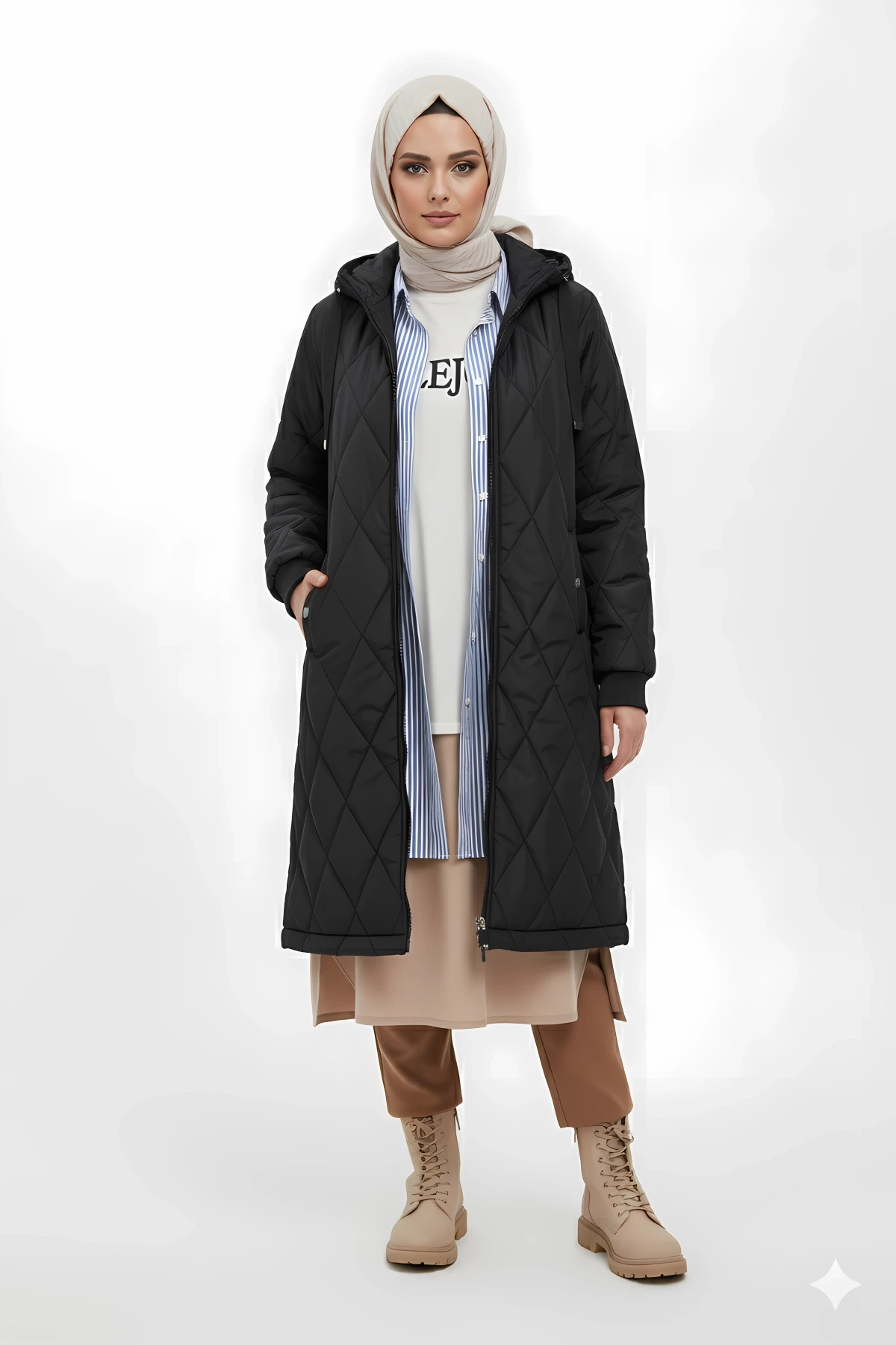 Kadın Siyah Uzun Kapitone Astarlı Şişme Tesettür Mont HZL25W-BD151381