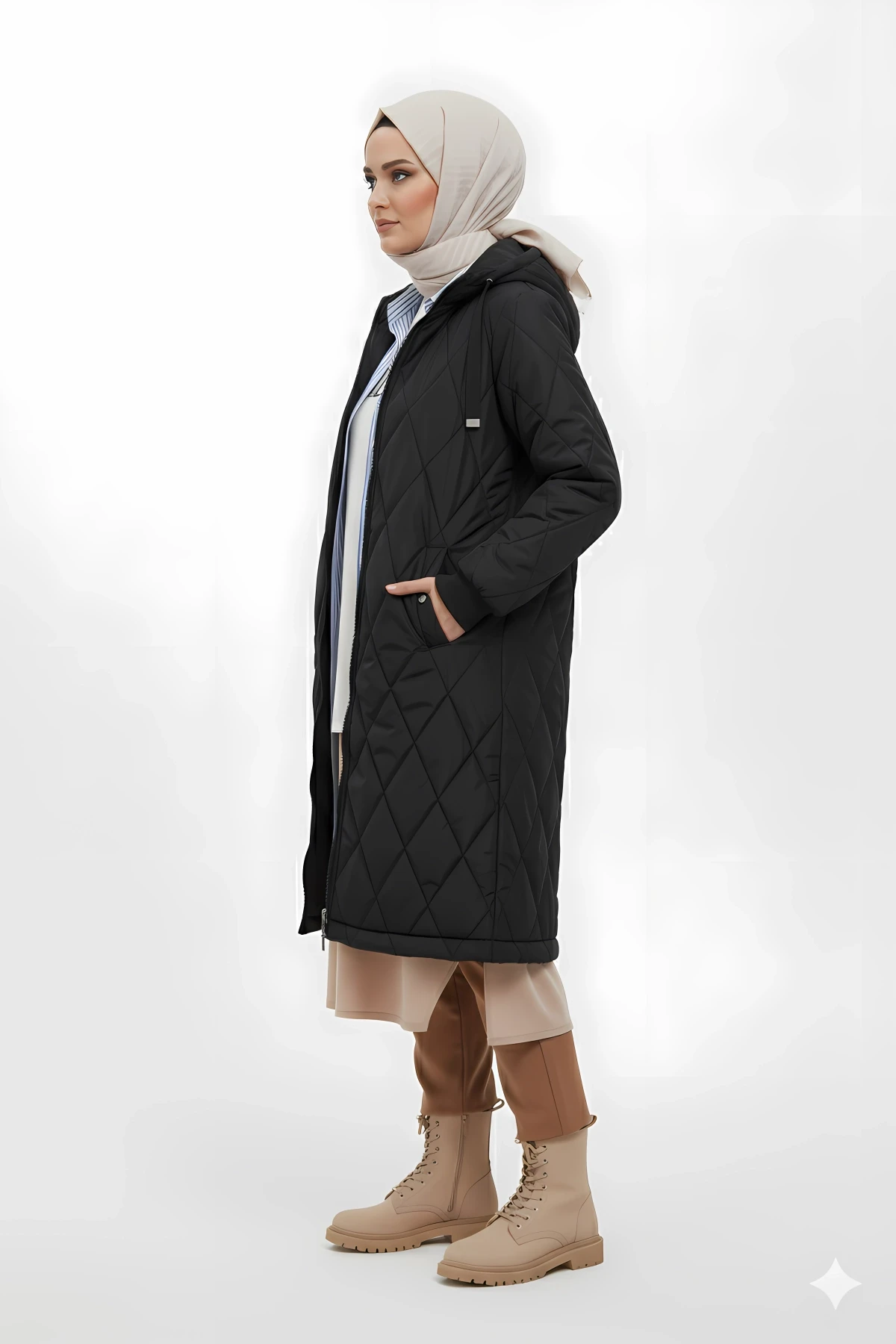 Kadın Siyah Uzun Kapitone Astarlı Şişme Tesettür Mont HZL25W-BD151381