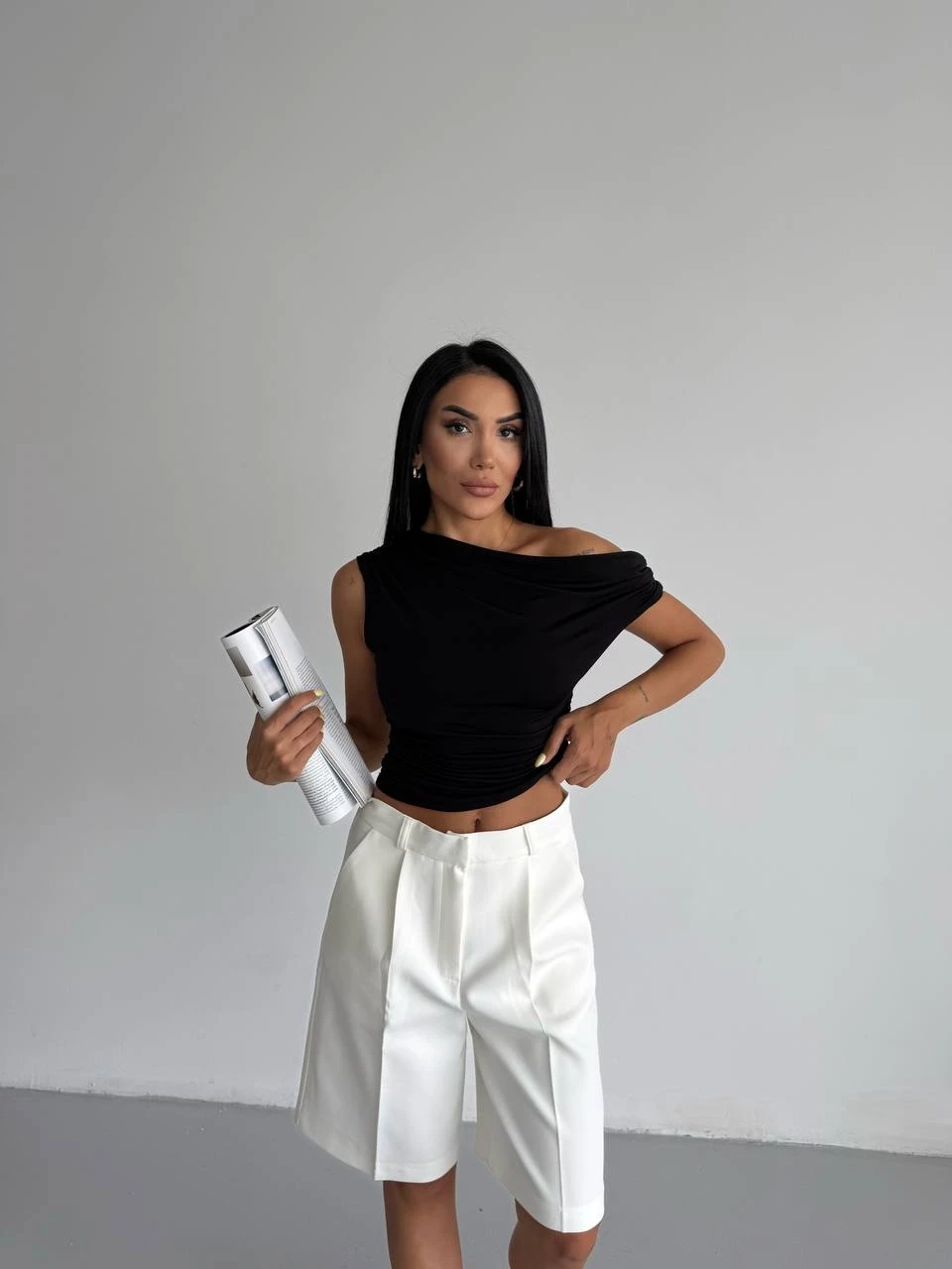 Kadın Siyah Yandan Drapeli Kayık Yaka Sandy Bluz HZL25S-FRY123201