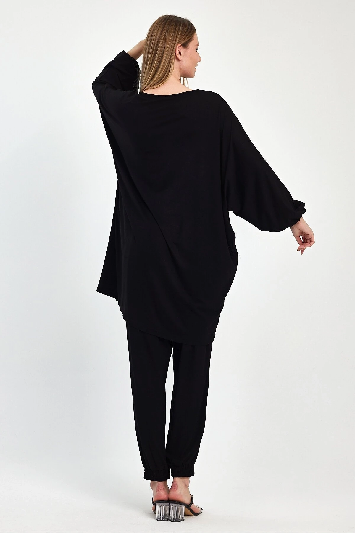 Kadın Siyah Yarasa Kol Geniş Kalıp Penye  Viskon İkili Takım HZL25S-VM110291