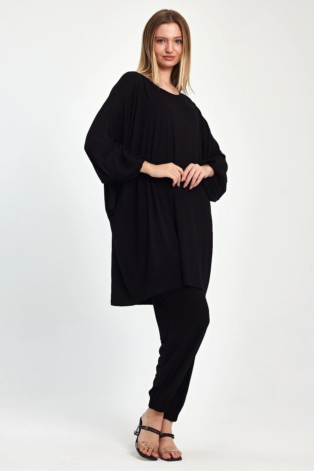 Kadın Siyah Yarasa Kol Geniş Kalıp Penye  Viskon İkili Takım HZL25S-VM110291