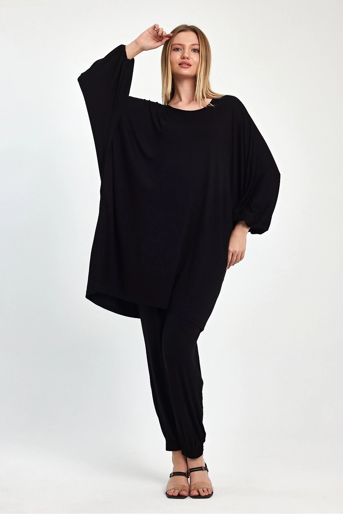 Kadın Siyah Yarasa Kol Geniş Kalıp Penye  Viskon İkili Takım HZL25S-VM110291