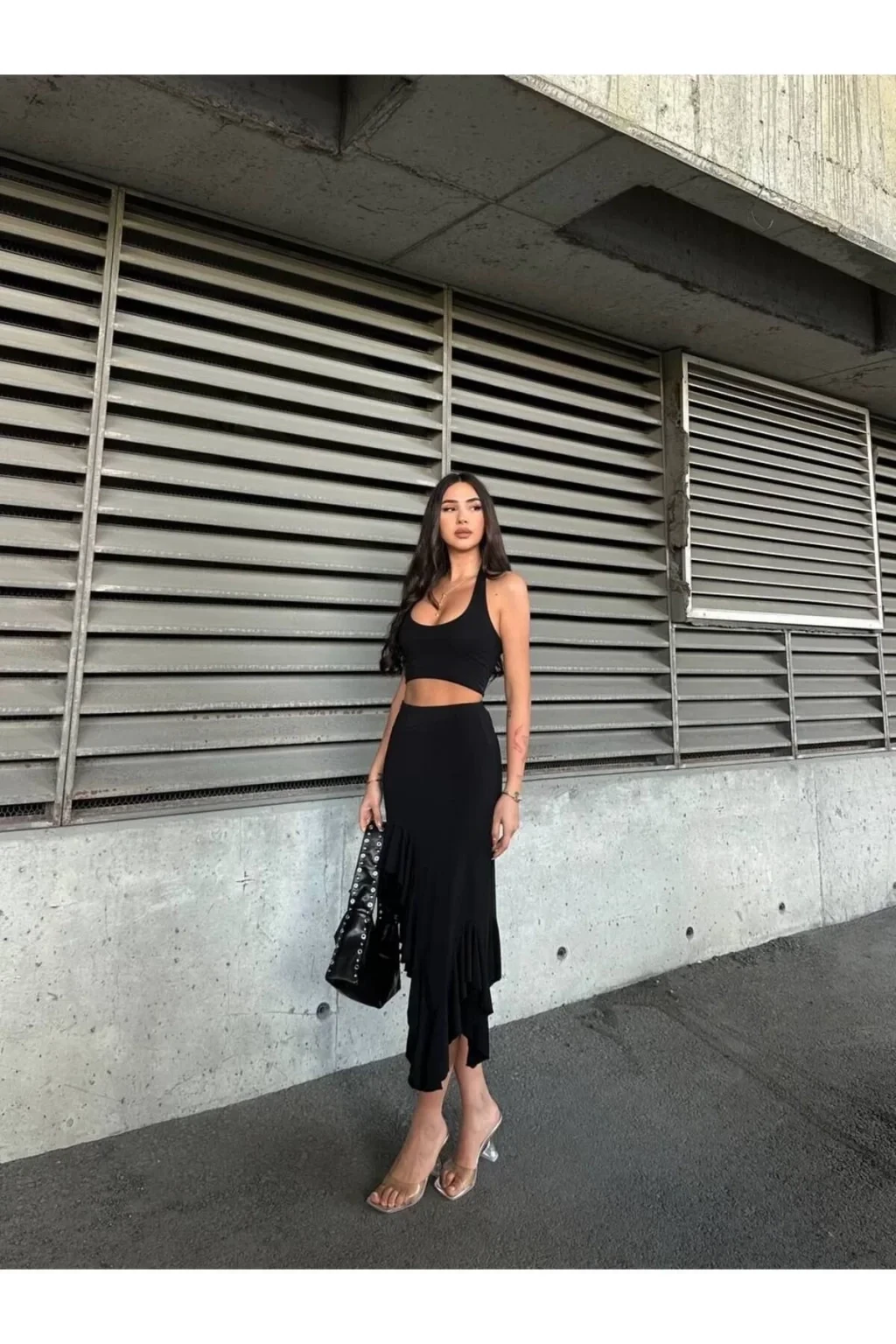 Kadın Siyah Yüksel Bel Dalgıç Kumaş Asimetrik Kesim Etek HZL25S-ZK11701