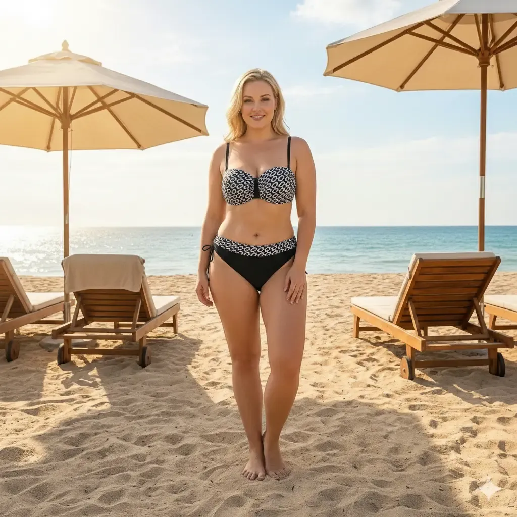 Kadın Siyah Zincir Desenli Astarlı Büyük Beden Bikini Takım HZL24S-LC206