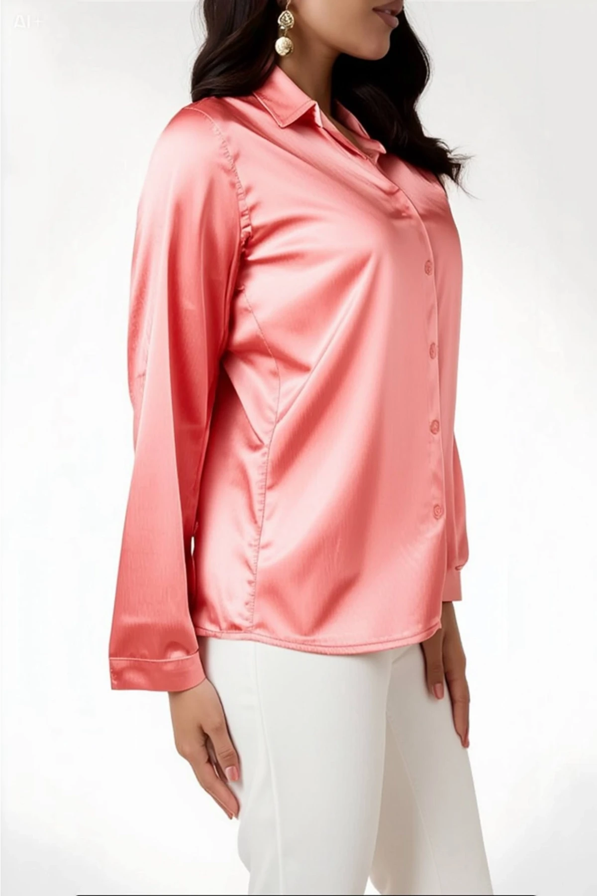 Kadın Somon Hafif Dökümlü Saten Yüzeyli Gömlek HZL22W-BD139641