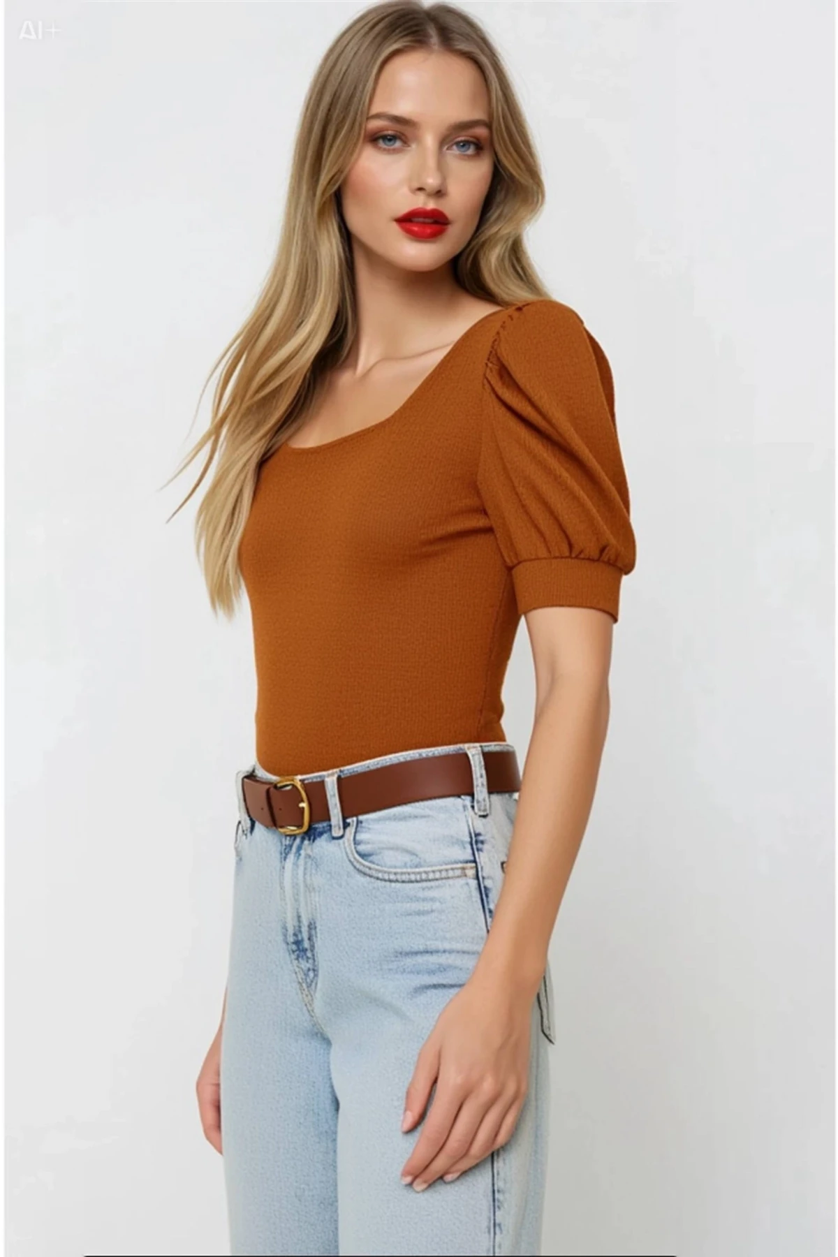 Kadın Taba Kare Yaka Örme Bluz HZL22W-BD104091