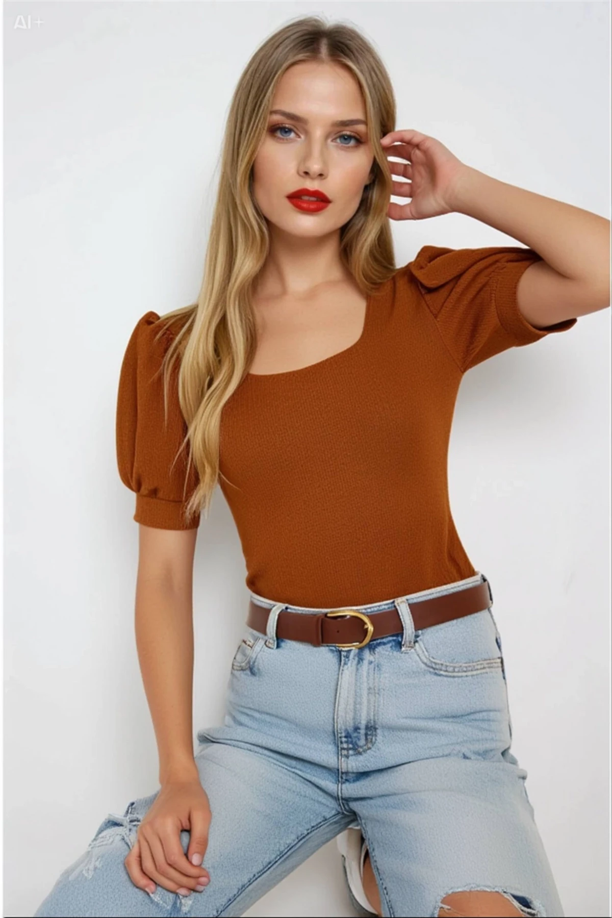 Kadın Taba Kare Yaka Örme Bluz HZL22W-BD104091