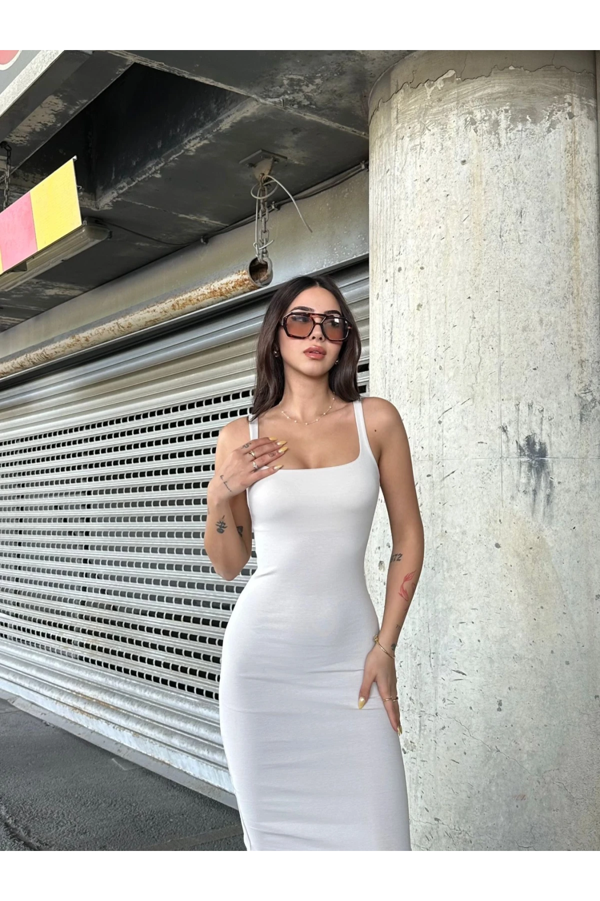 Kadın Taş Askılı Kare Yaka Midi Elbise HZL25S-ZK11621