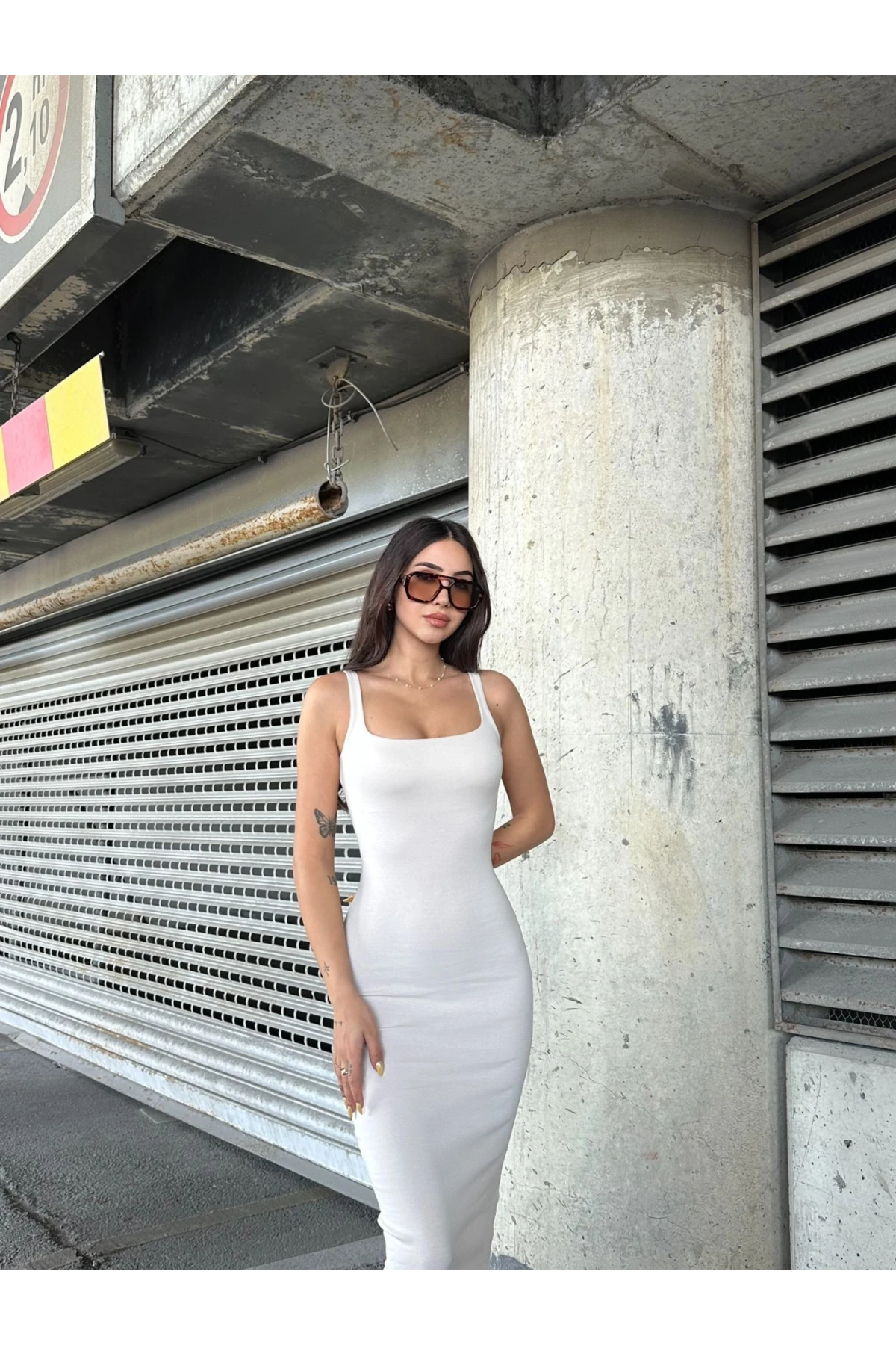 Kadın Taş Askılı Kare Yaka Midi Elbise HZL25S-ZK11621