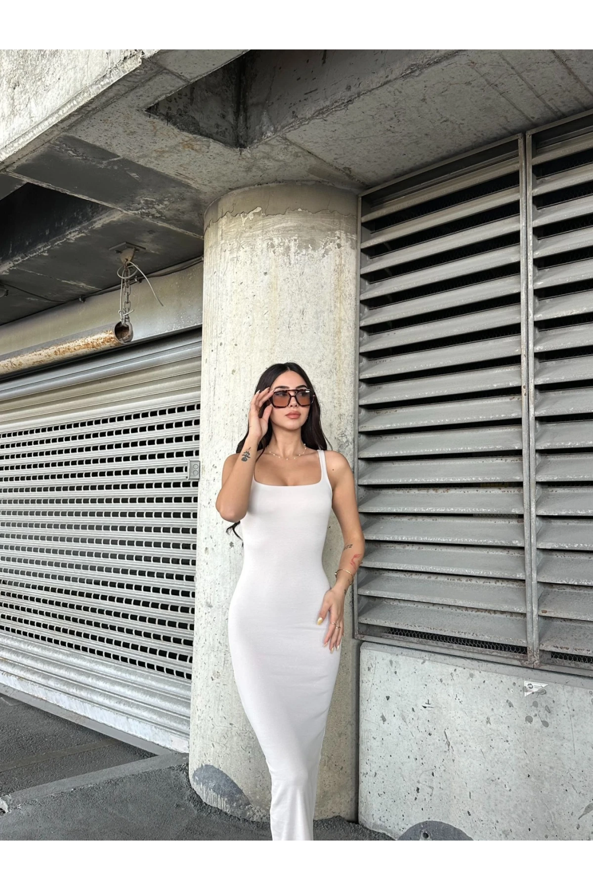 Kadın Taş Askılı Kare Yaka Midi Elbise HZL25S-ZK11621