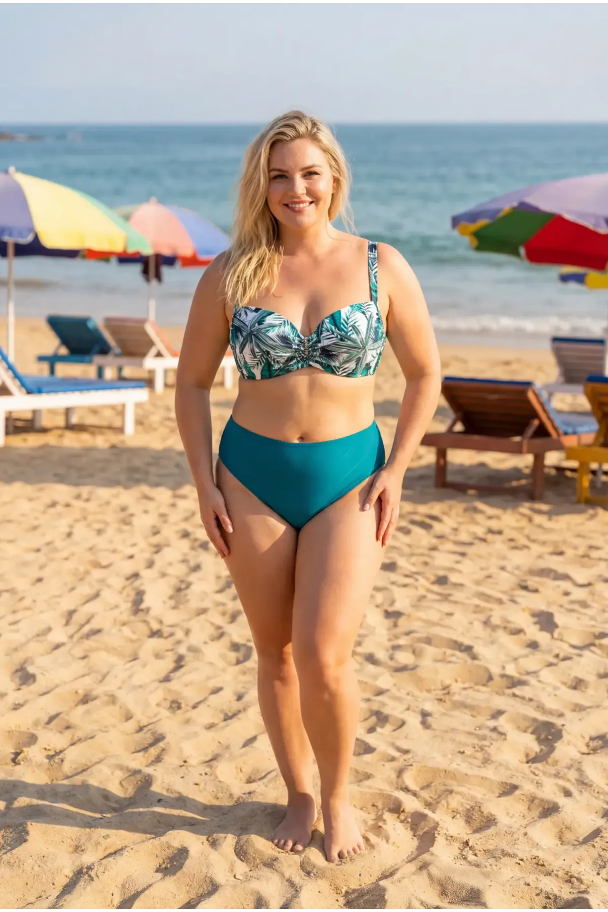 Kadın Turkuaz Desenli Yüksel Bel Astarlı Büyük Beden Bikini Takımı HZL25S-LC24200-1