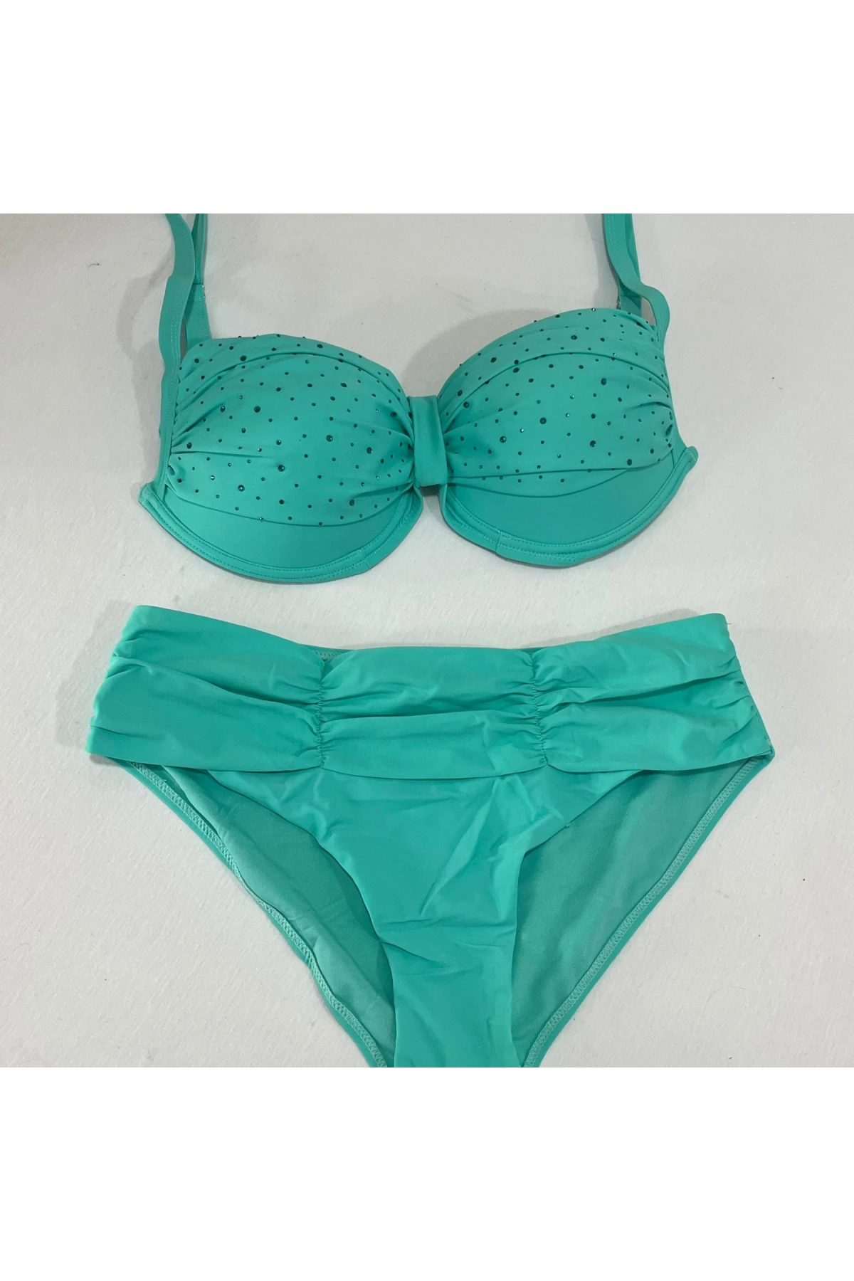 Kadın Turkuaz Taş İşlemeli Astarlı Büyük Beden Bikini Takımı HZL25S-LC01
