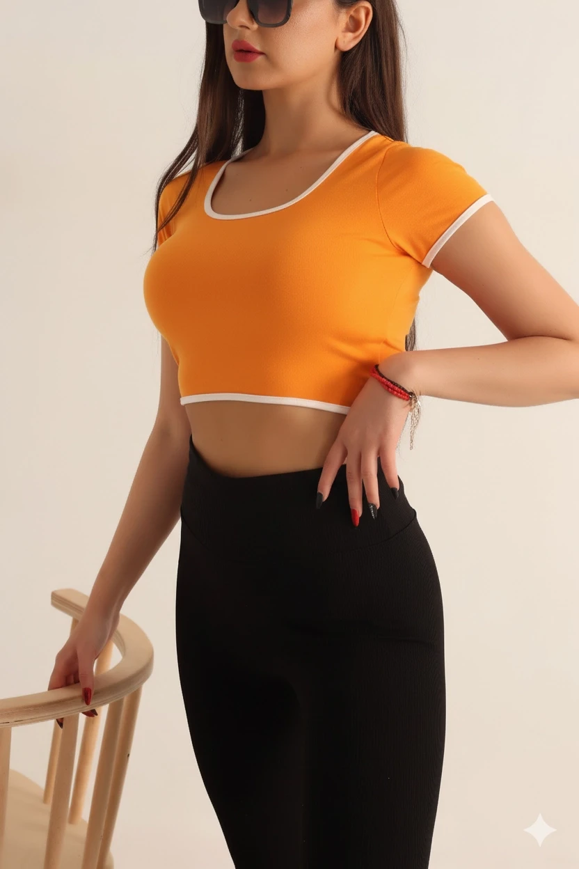 Kadın Turuncu Beyaz Biyeli Kısa Kol Likralı SendyCrop Bluz HZL24S-SND190901