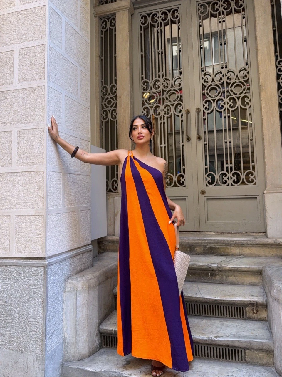 Kadın Turuncu Mor Parça Bloklu Omuz Detay Elbise HZL25S-DSB107651