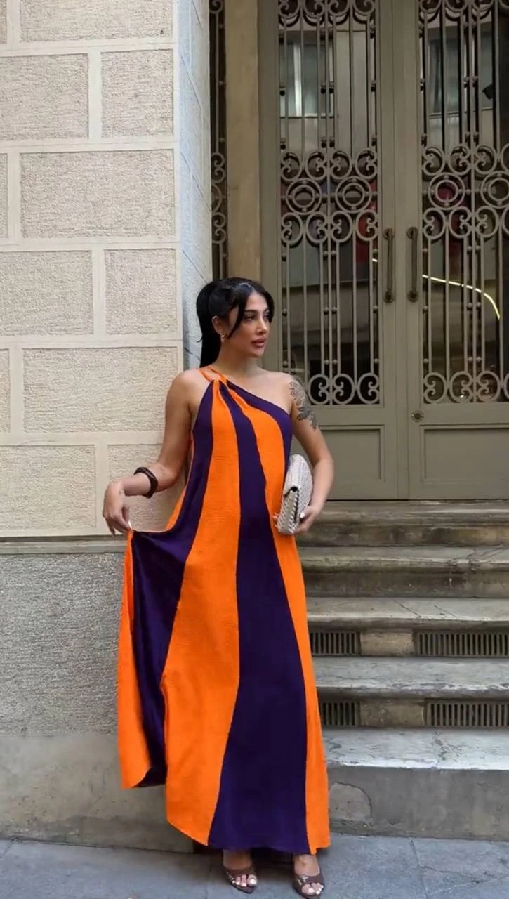 Kadın Turuncu Mor Parça Bloklu Omuz Detay Elbise HZL25S-DSB107651