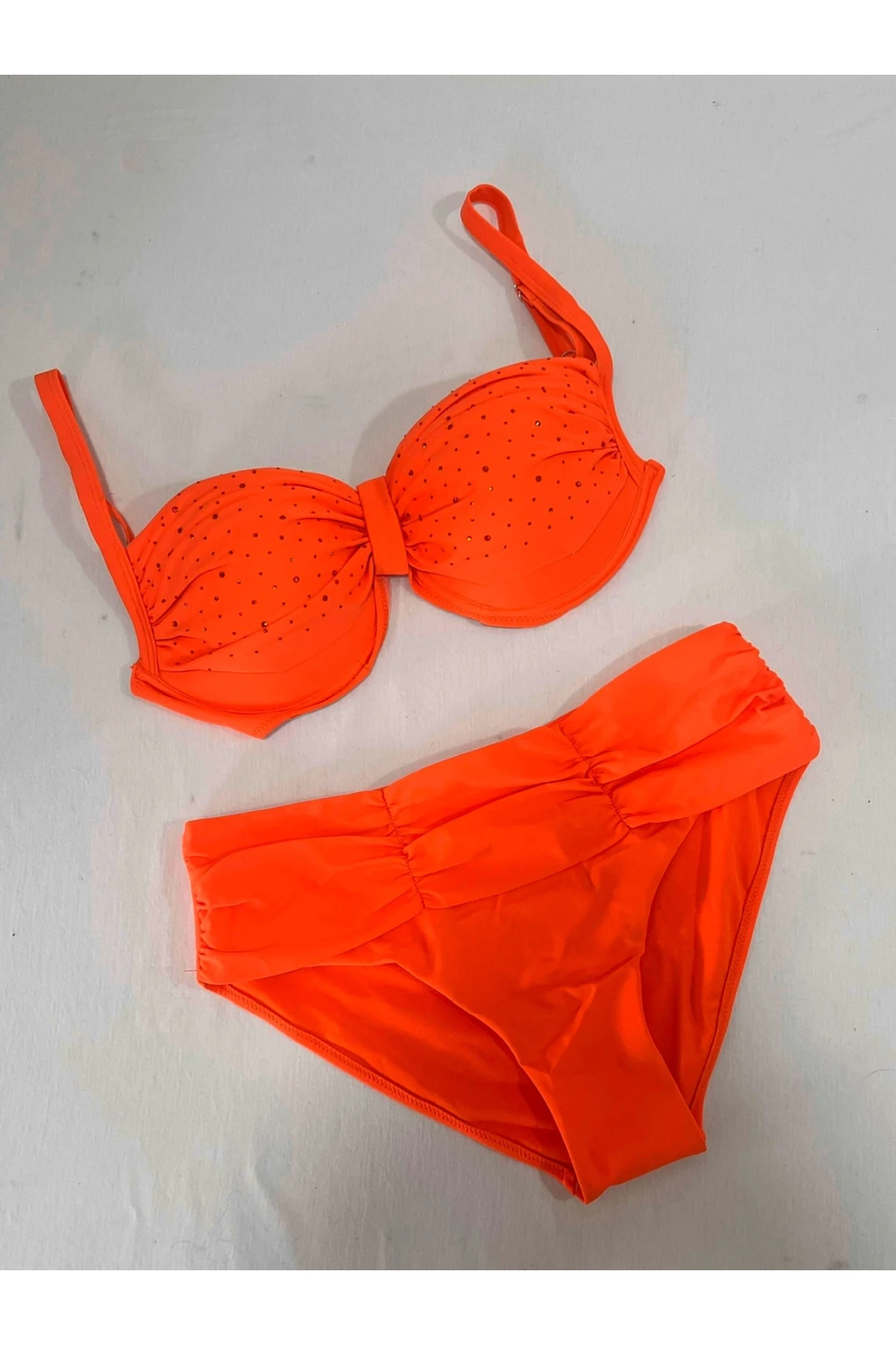 Kadın Turuncu Taş İşlemeli Astarlı Büyük Beden Bikini Takımı HZL25S-LC01