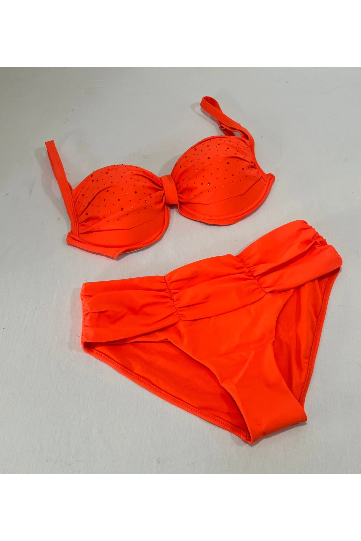 Kadın Turuncu Taş İşlemeli Astarlı Büyük Beden Bikini Takımı HZL25S-LC01