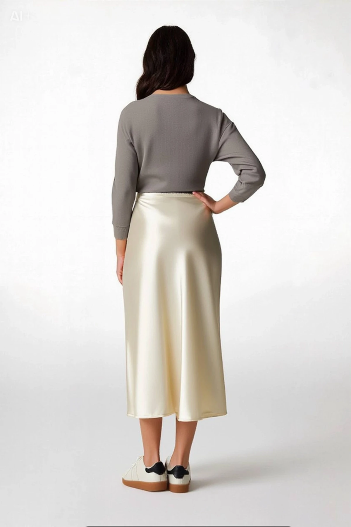 Kadın Vanilya Saten Yüzeyli Beli Lastikli Midi Boy Etek Hzl23s-bd1101471