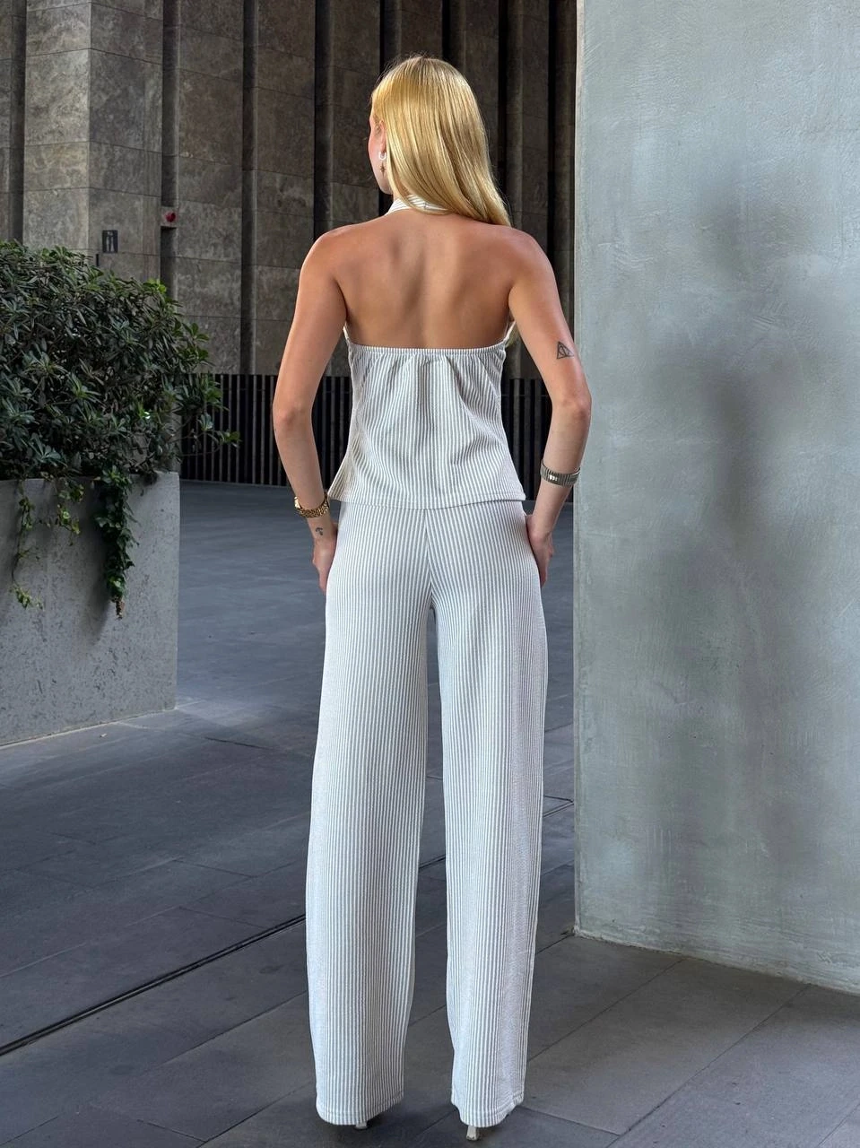 Kadın Vizon Çizgili Önü Fermuarlı Bluz Pantolon İkili Takım HZL25S-ZK13691