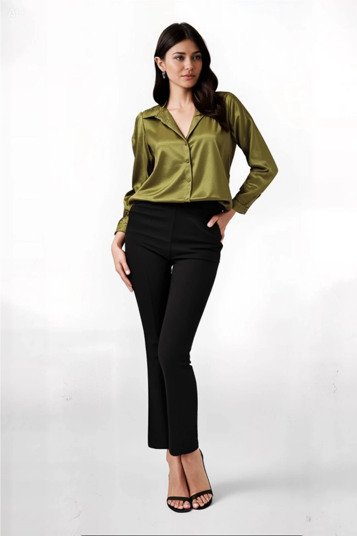 Kadın Yağ Yeşili Hafif Dökümlü Saten Yüzeyli Gömlek HZL22W-BD139641