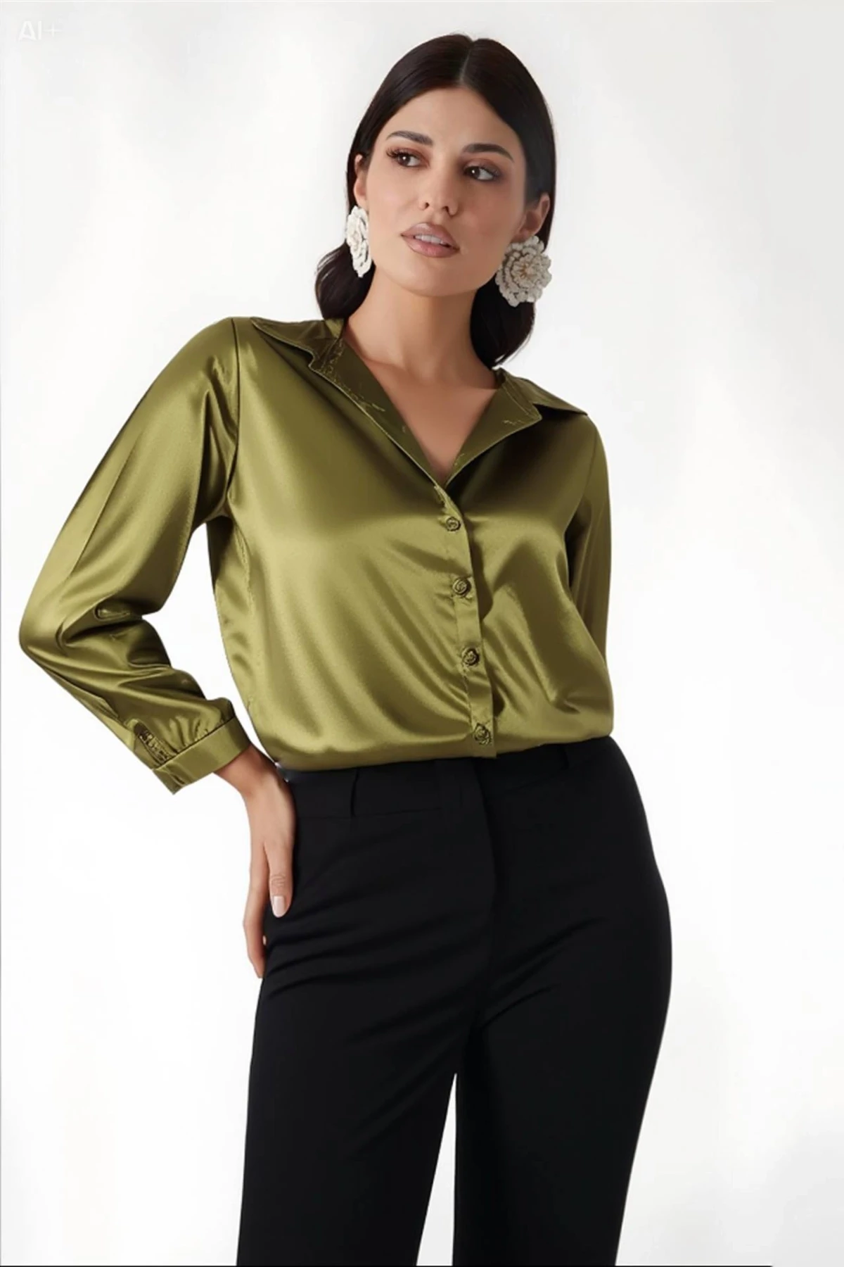Kadın Yağ Yeşili Hafif Dökümlü Saten Yüzeyli Gömlek HZL22W-BD139641