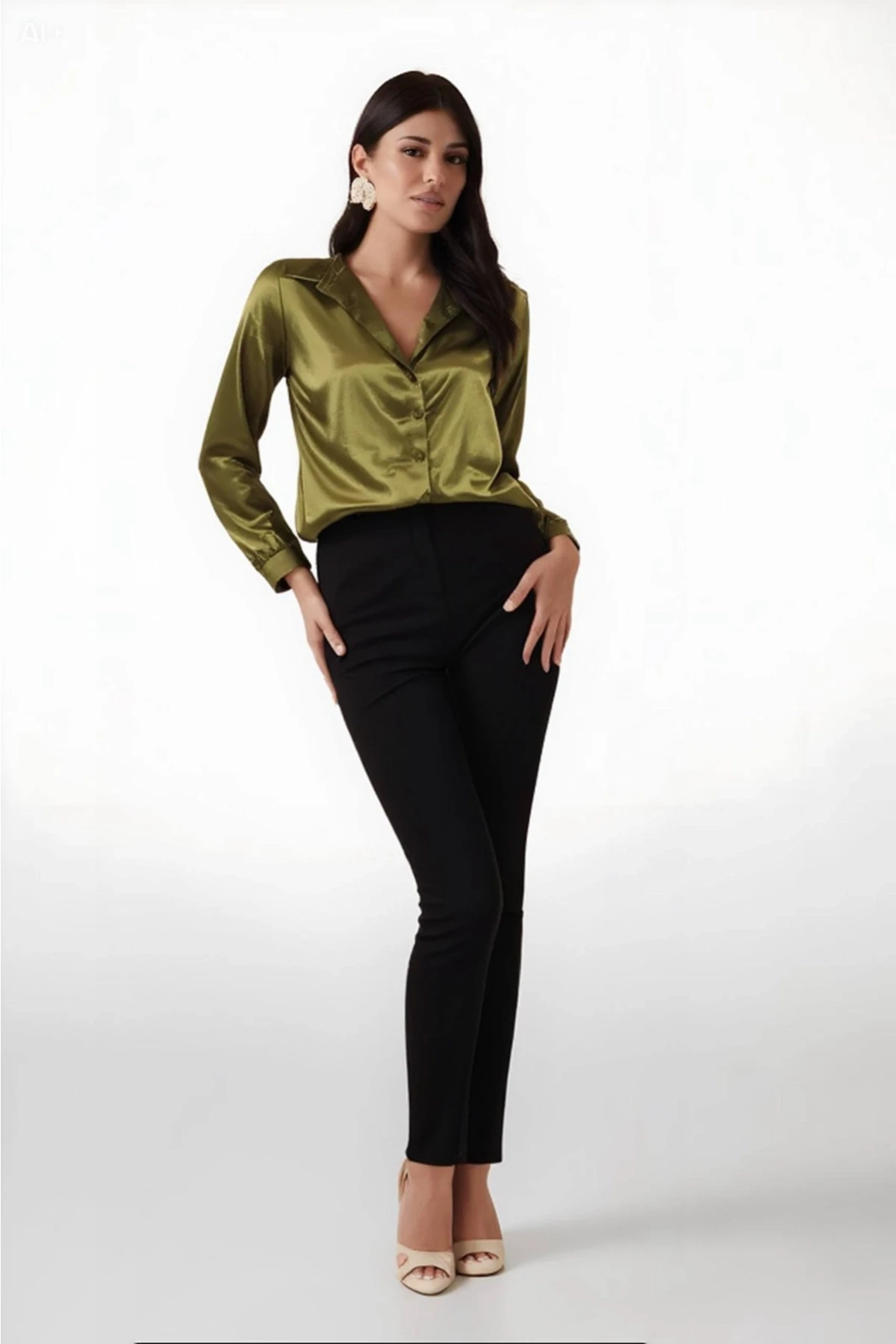 Kadın Yağ Yeşili Hafif Dökümlü Saten Yüzeyli Gömlek HZL22W-BD139641