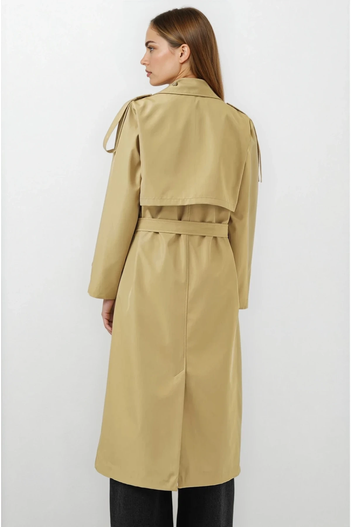 Kadın Yağ Yeşili  Kruvaze Yaka Astarlı Kemerli Mevsimlik Trençkot HZL25W-BD159411
