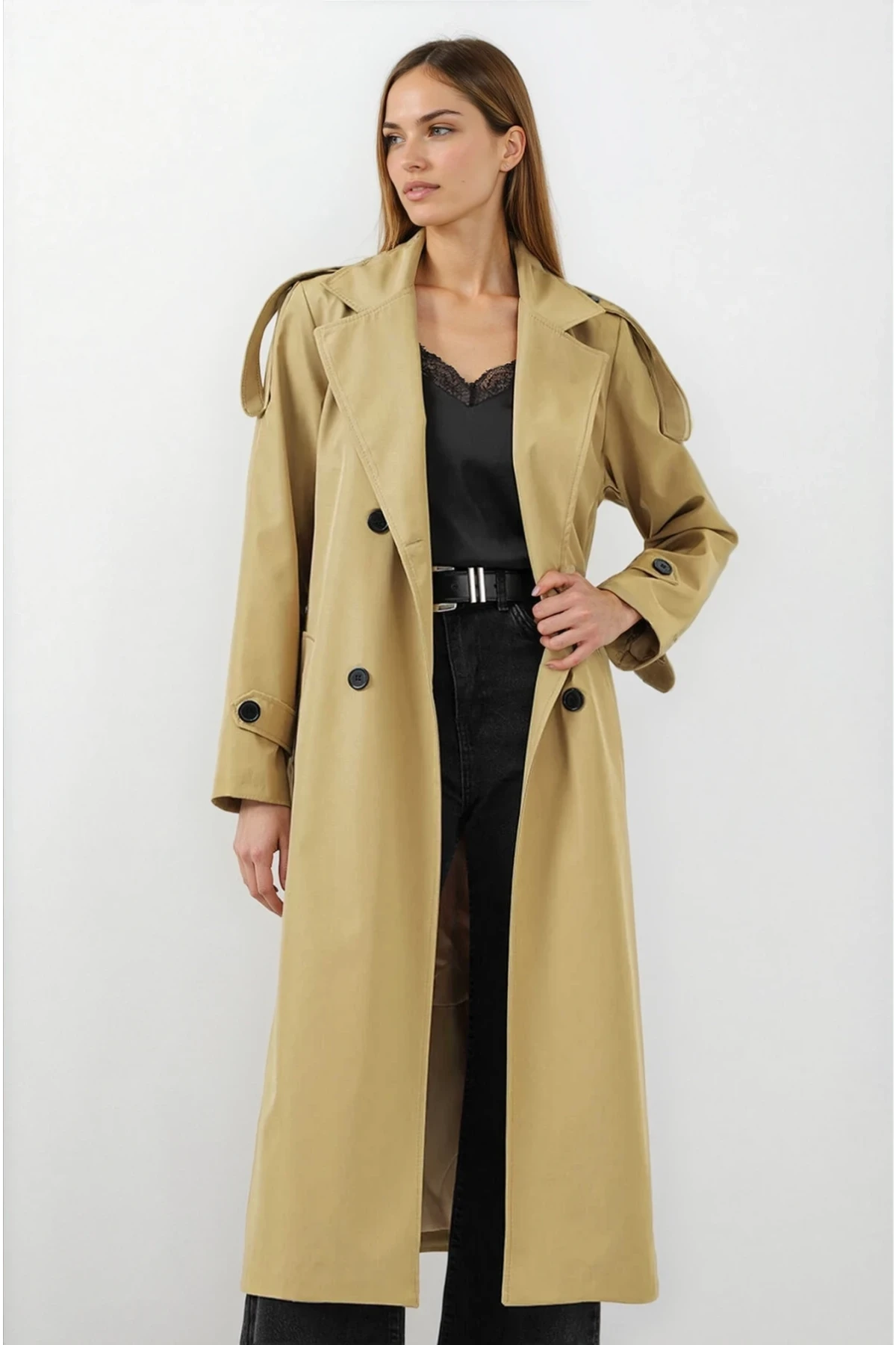 Kadın Yağ Yeşili  Kruvaze Yaka Astarlı Kemerli Mevsimlik Trençkot HZL25W-BD159411
