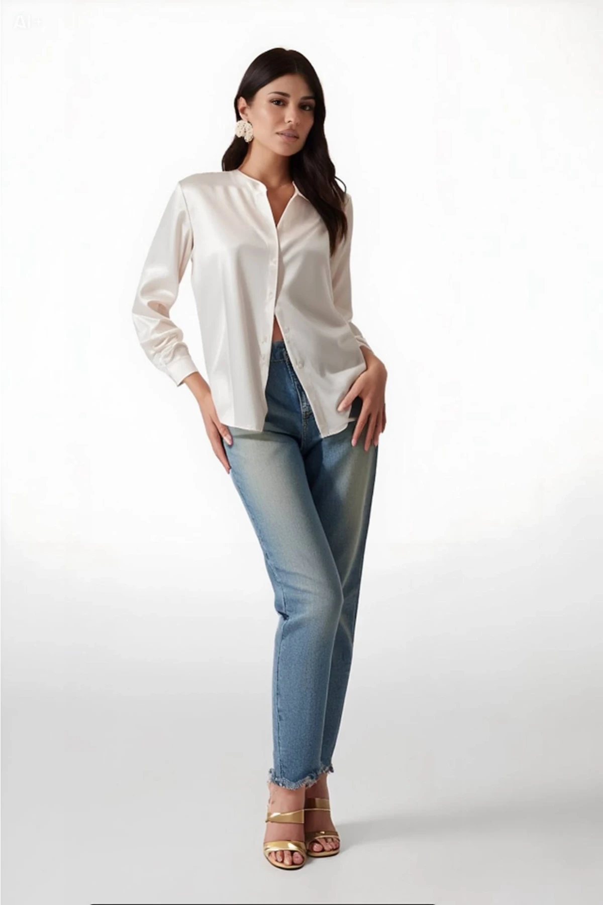 Kadın Yeni Krem Hafif Dökümlü Saten Yüzeyli Gömlek HZL22W-BD139641