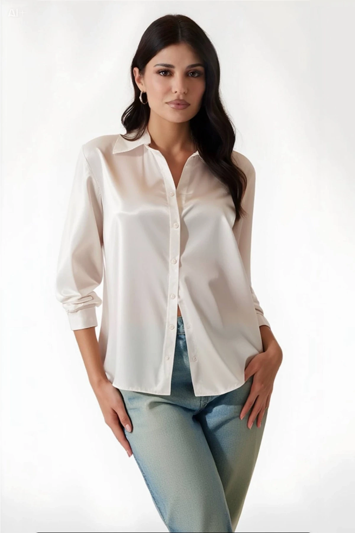Kadın Yeni Krem Hafif Dökümlü Saten Yüzeyli Gömlek HZL22W-BD139641