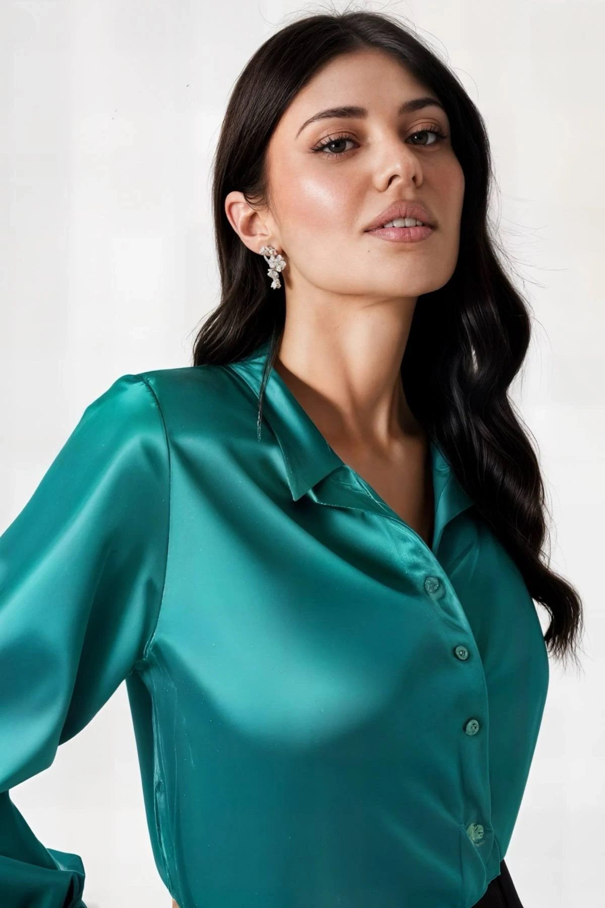 Kadın Yeşil Hafif Dökümlü Saten Yüzeyli Gömlek Hzl22w-bd139641