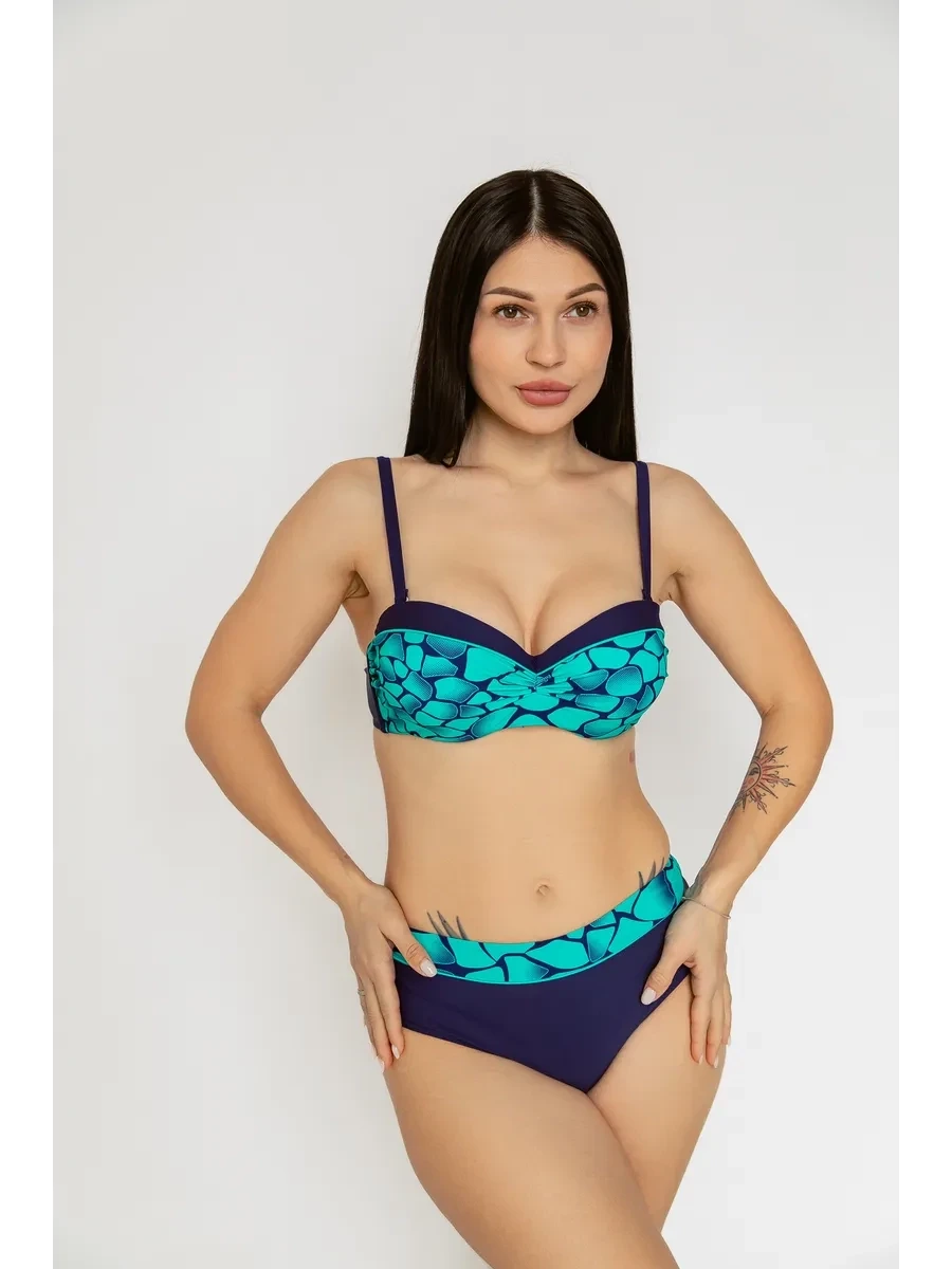 Kadın Yeşil Lacivert Desenli Astarlı Bikini Takımı HZL25S-LC25143