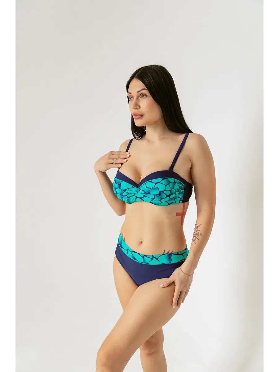 Kadın Yeşil Lacivert Desenli Astarlı Bikini Takımı HZL25S-LC25143