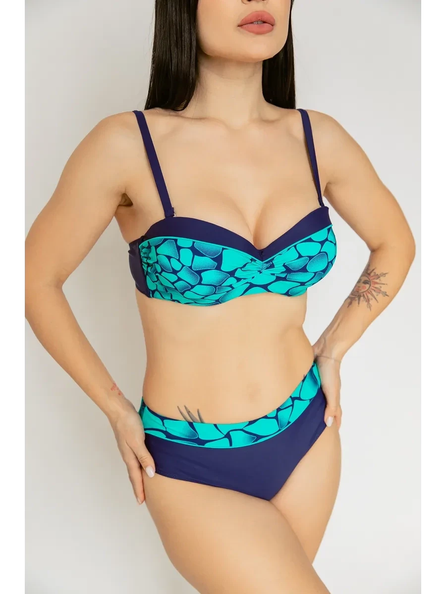 Kadın Yeşil Lacivert Desenli Astarlı Bikini Takımı HZL25S-LC25143