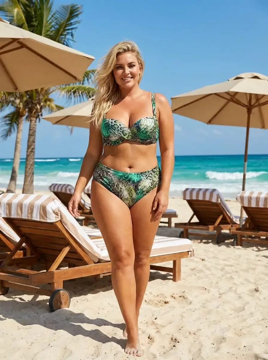 Kadın Yeşil Leopar Desenli Astarlı Büyük Beden Bikini Takımı HZL25S-LC25006