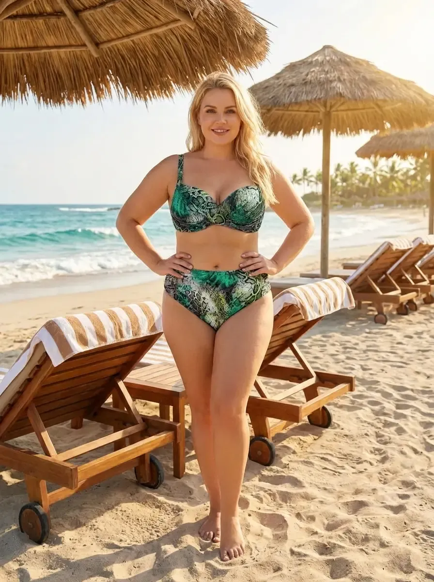 Kadın Yeşil Leopar Desenli Astarlı Büyük Beden Bikini Takımı HZL25S-LC25006