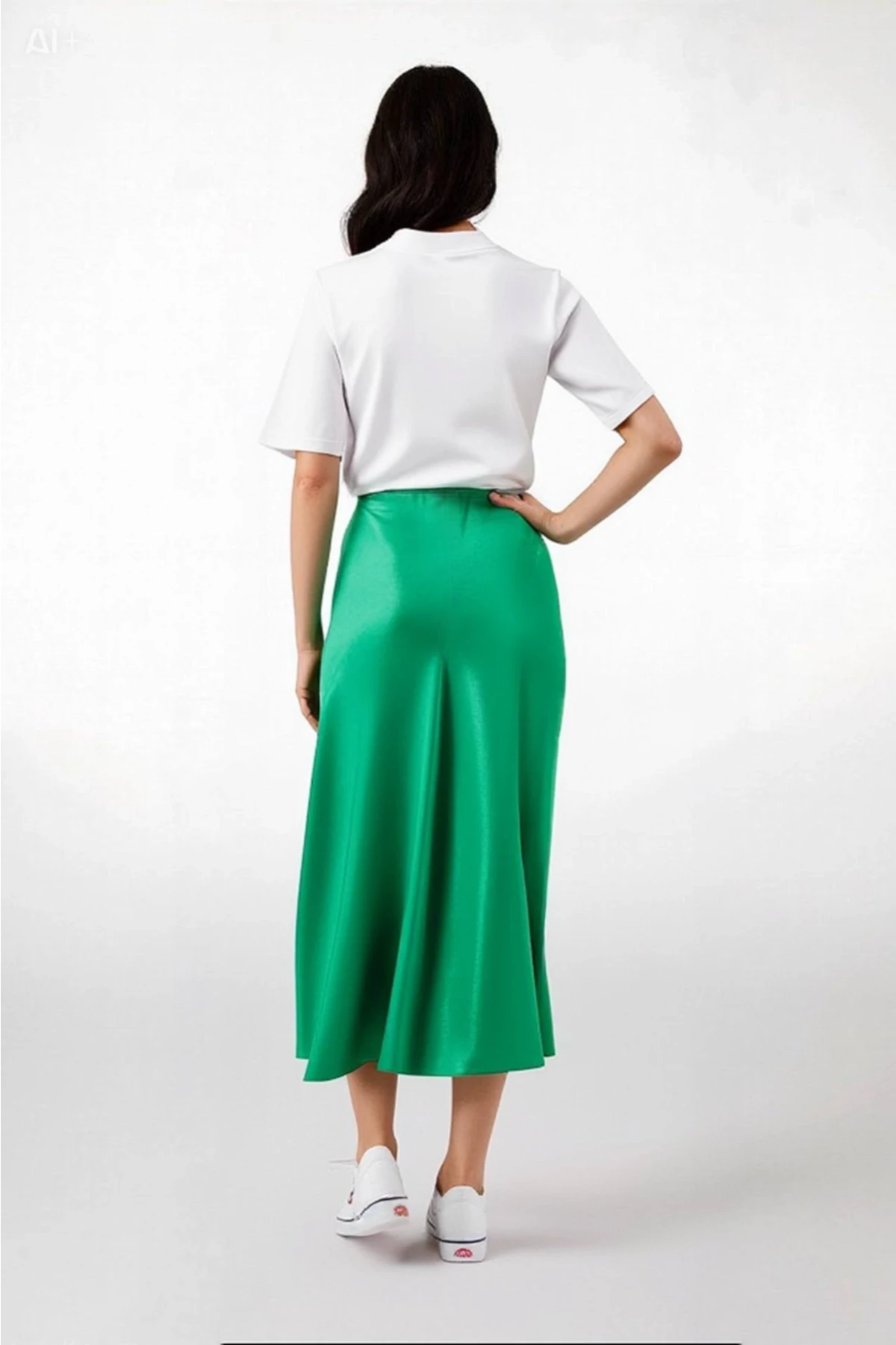 Kadın Yeşil Saten Yüzeyli Beli Lastikli Midi Boy Etek Hzl23S-BD1101471