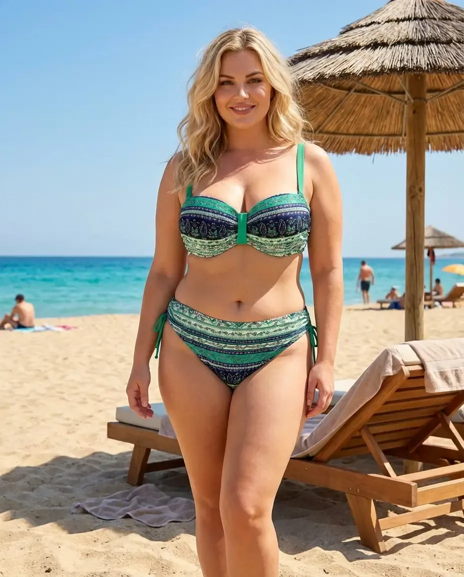 Kadın Yeşil Taş İşlemeli Etnik Desenli Astarlı Büyük Beden Bikini Takımı HZL25S-LC3305