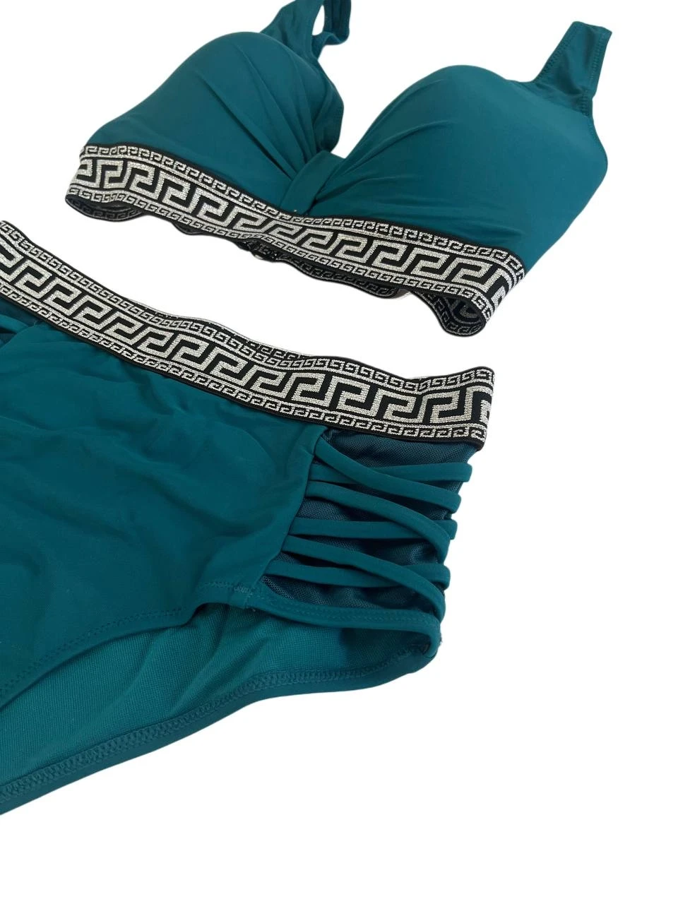 Kadın Yeşil Yüksek Bel Yanları Şerit Detaylı Desenli Lastikli Destekli Bikini Takımı HZL25S-LC201