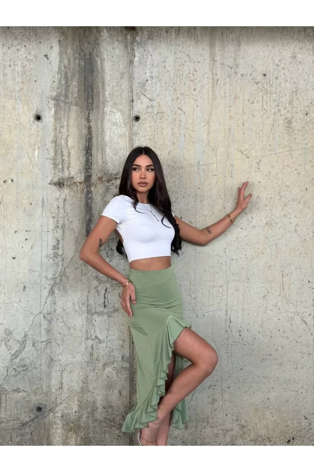Kadın Yeşil Yüksel Bel Dalgıç Kumaş Asimetrik Kesim Etek HZL25S-ZK11701