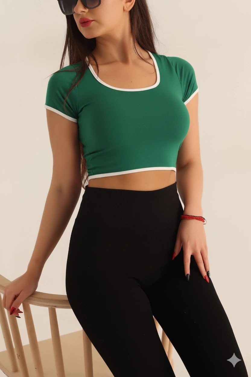 Kadın Zümrüt Beyaz Biyeli Kısa Kol Likralı SendyCrop Bluz HZL24S-SND190901