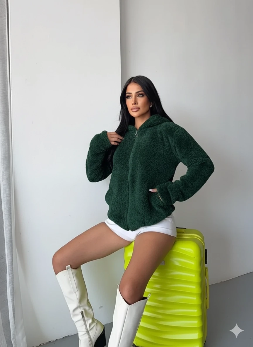 Kadın Zümrüt Welsoft esnek kumaş Peluş Yumoş Önü Fermuarlı Kapüşonlu Ceket HZL23W-DSB110081