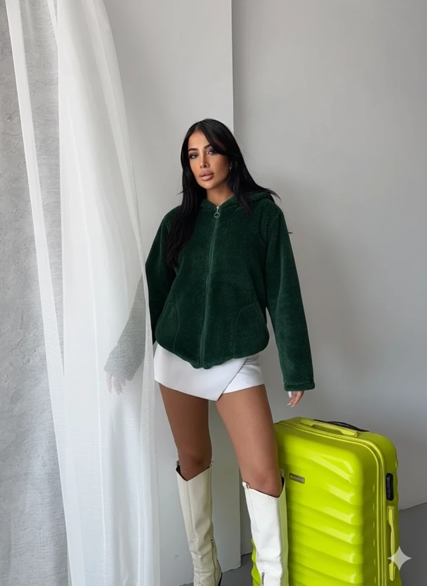 Kadın Zümrüt Welsoft esnek kumaş Peluş Yumoş Önü Fermuarlı Kapüşonlu Ceket HZL23W-DSB110081