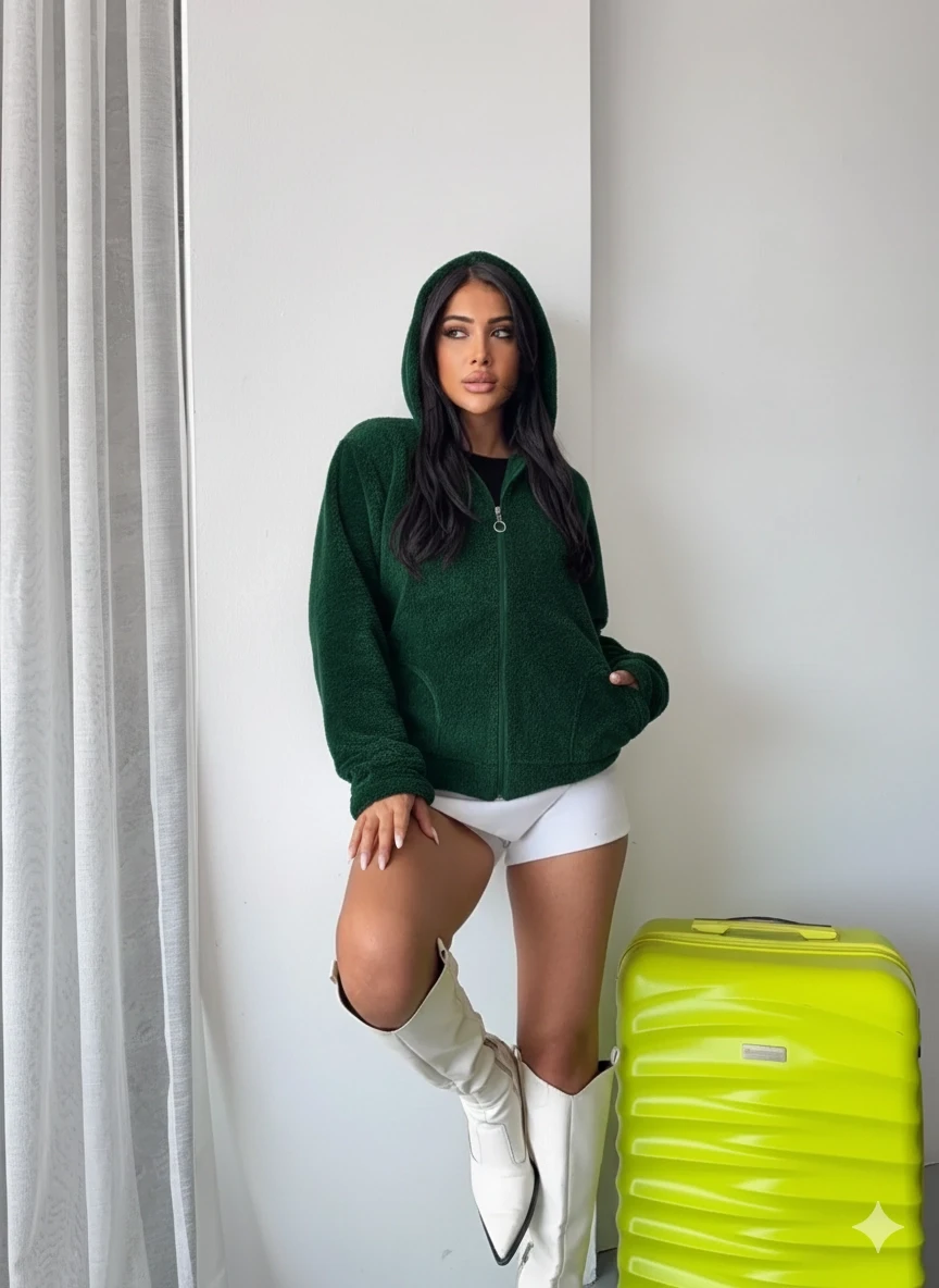 Kadın Zümrüt Welsoft esnek kumaş Peluş Yumoş Önü Fermuarlı Kapüşonlu Ceket HZL23W-DSB110081