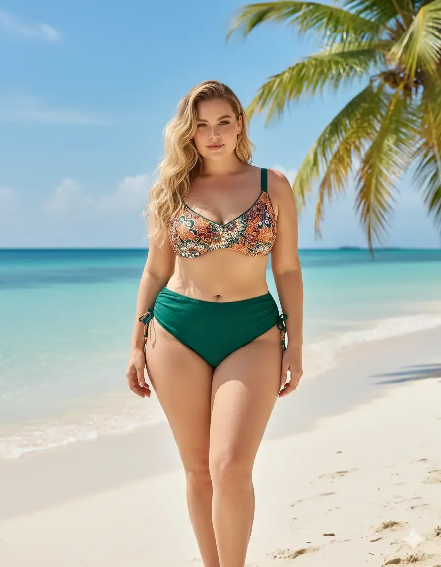 Kadın  Zümrüt Yeşil Etnik Desen Büyük Beden Bikini Takım HZL25S-LC3310