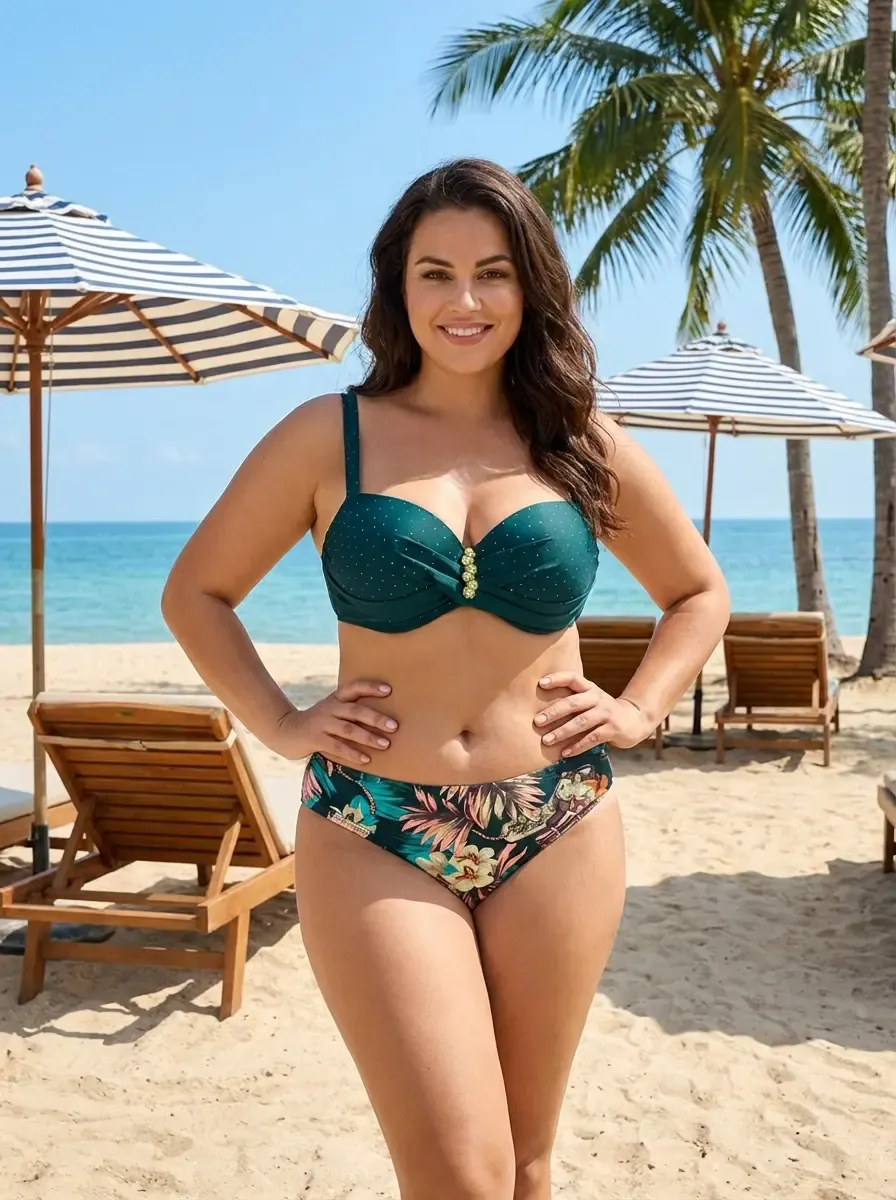 Kadın Zümrüt Yeşil Taş İşlemeli Aksesuar Detaylı Astarlı Bikini Takımı HZL25S-LC4005