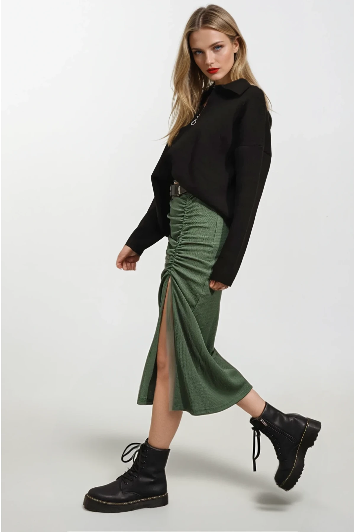 Kadın Zümrüt Yeşili Beli Lastikli Yırtmaçlı Uzun Etek HZL22S-BD118801